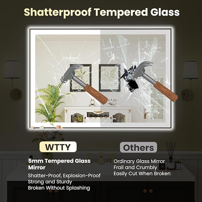 WTTY 40"X30" LED Bathroom Mirror with Black Frame, Bathroom Vanity Mirror with Lights for Wall, Front Light and Backlit, Anti-Fog, Dimmable, 3 Colors, Shatterproof, Memory, Horizontal/Vertical