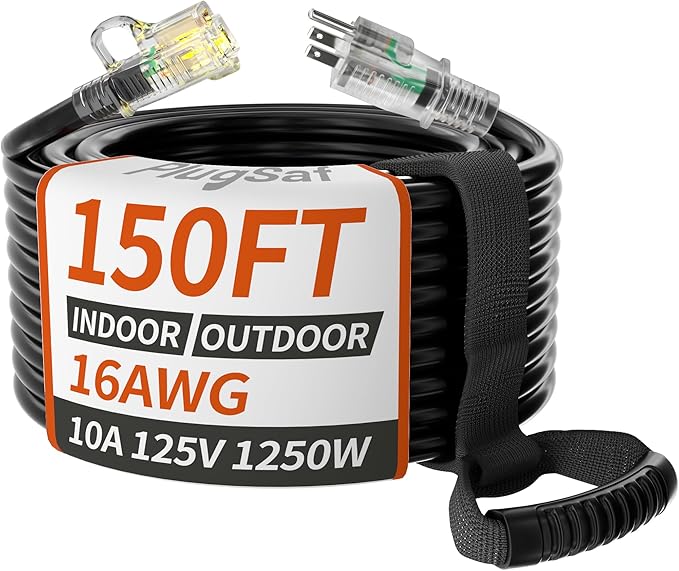 PlugSaf Black 16/3 Gauge Outdoor Extension Cord 150 ft Waterproof with Lighted Indicator,Flexible 3 Prong Long Extension Cord Outside, Cold Weatherproof -40°C, 10A 1250W 16AWG SJTW, ETL Listed