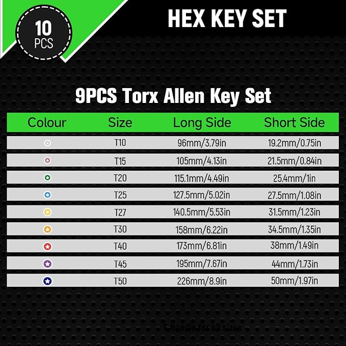 Allen Wrenches Sets, 9pcs Torx Star Allen Wrench Set with T Handle, Long Arm Star Key Set (T10-T50) for Bicycle, Furniture Assembly, Home Repair