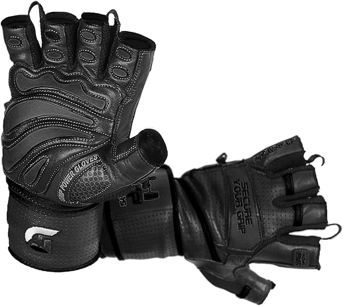 Elite Leather Gym Gloves with Built in 2" Wide Wrist Wraps Grip & Design for Weightlifting Power Lifting Bodybuilding & Strength Training Workout Exercises