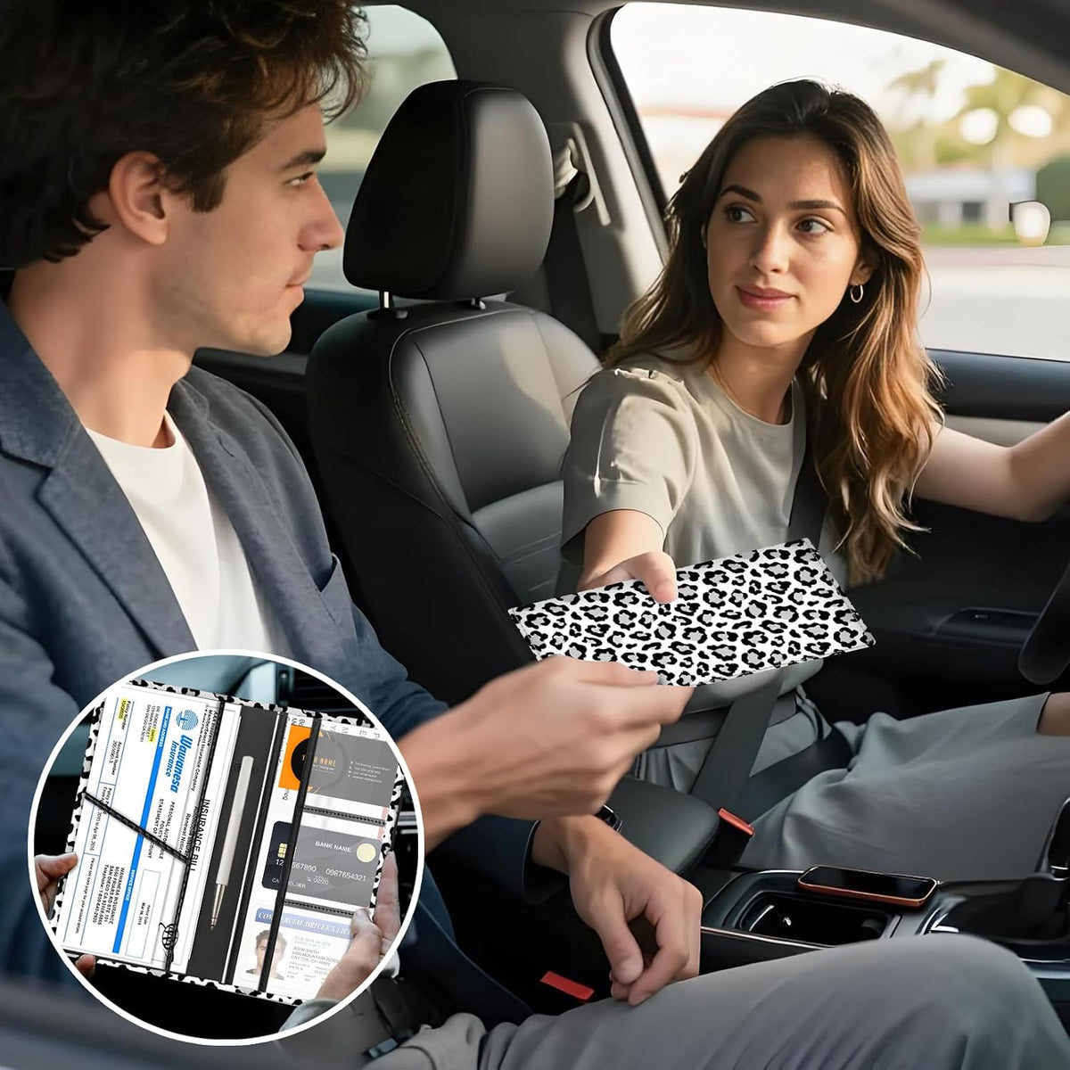 Car Registration and Insurance Holder with Magnetic Shut, Cute Vehicle Glove Box Car Organizer, Premium Interior Car Accessories for Women Men Luxury White Leopard