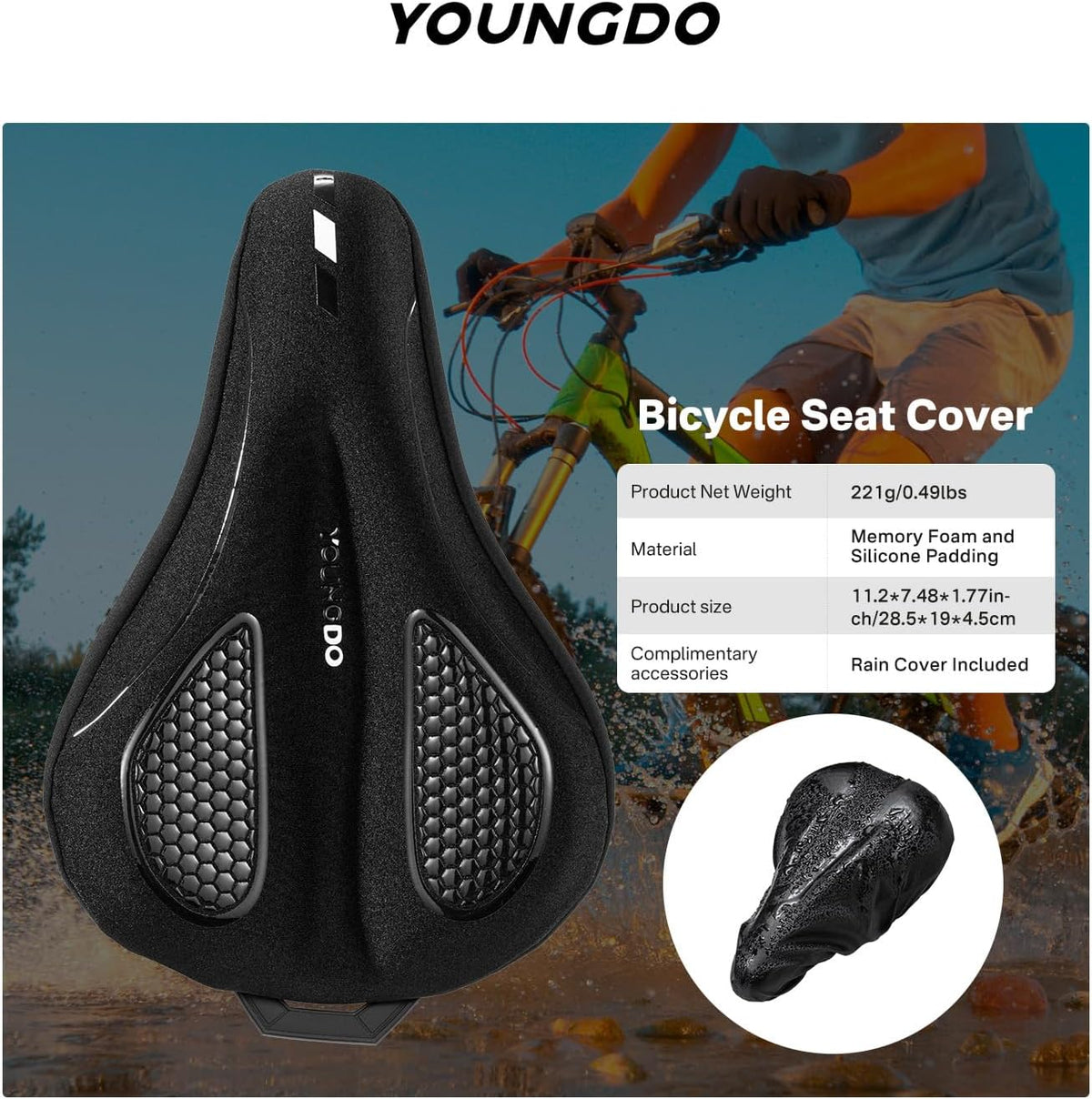 YOUNGDO Gel Bike Seat Cushion - Waterproof Cover, Shock Absorbing Pad for Peloton, BMX, MTB & Road
