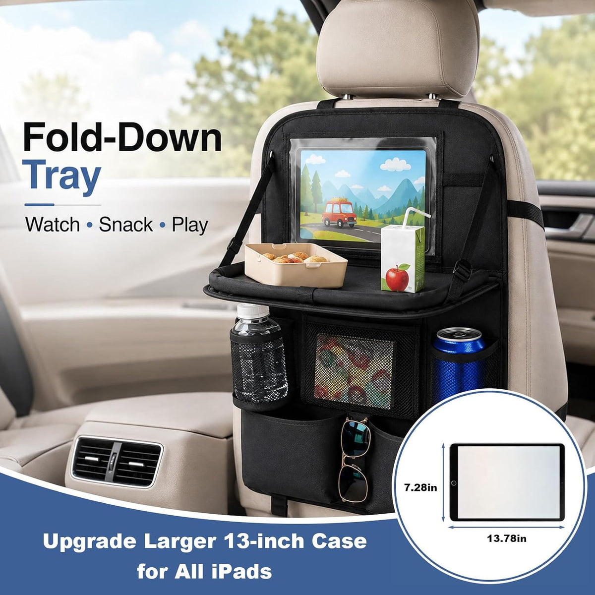 Car Backseat Organizer with Foldable Tray Table (2 Pack), Back Seat Organizer for Kids, Multi-Pocket Kick Mat Protector for Kids Travel Road Trip