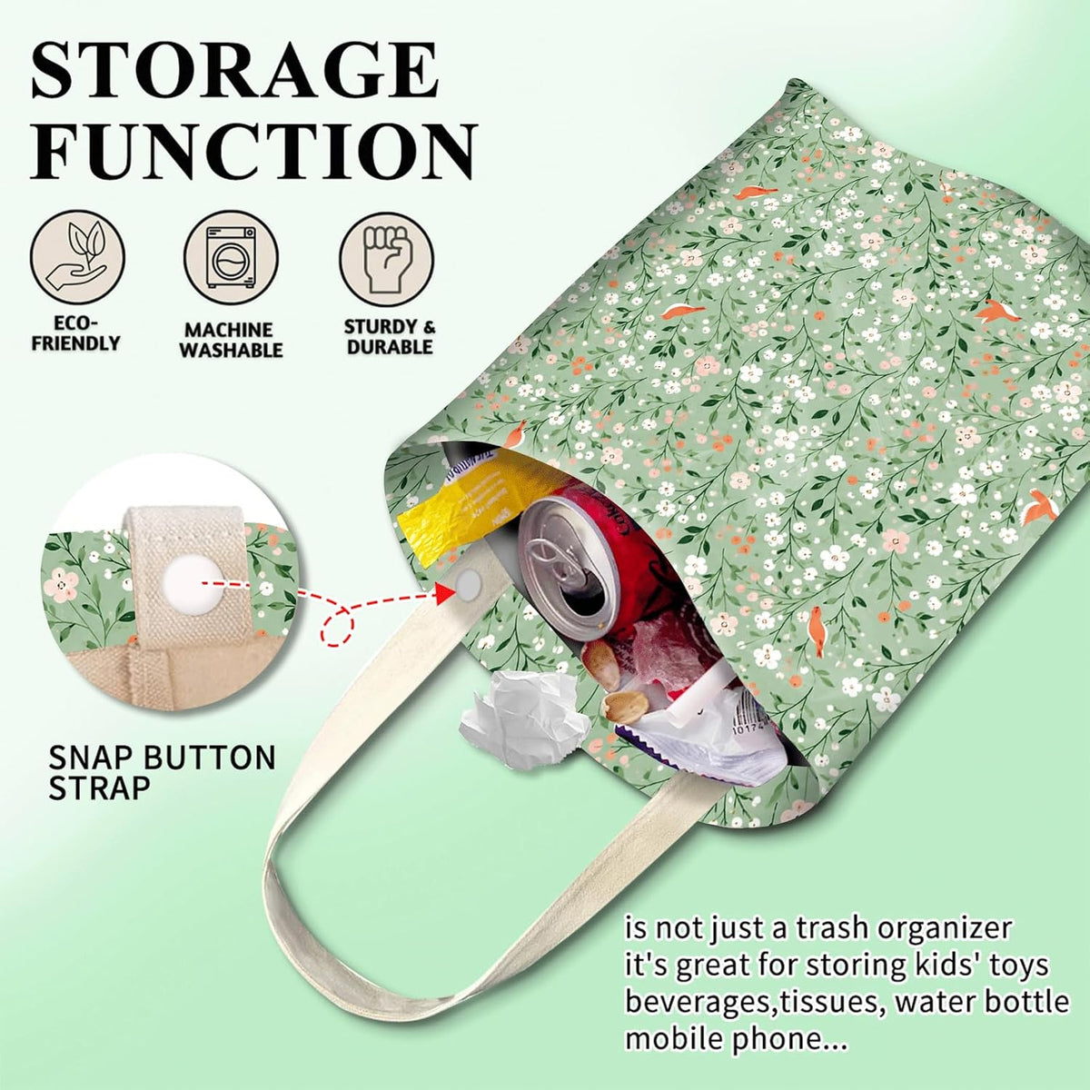 Car Trash Can, Cute Car Trash Bag, Hanging Car Organizer and Storage Bag, Trash Bin for Car Accessories, Vehicle, Travelling, Camping Cute Green Floral