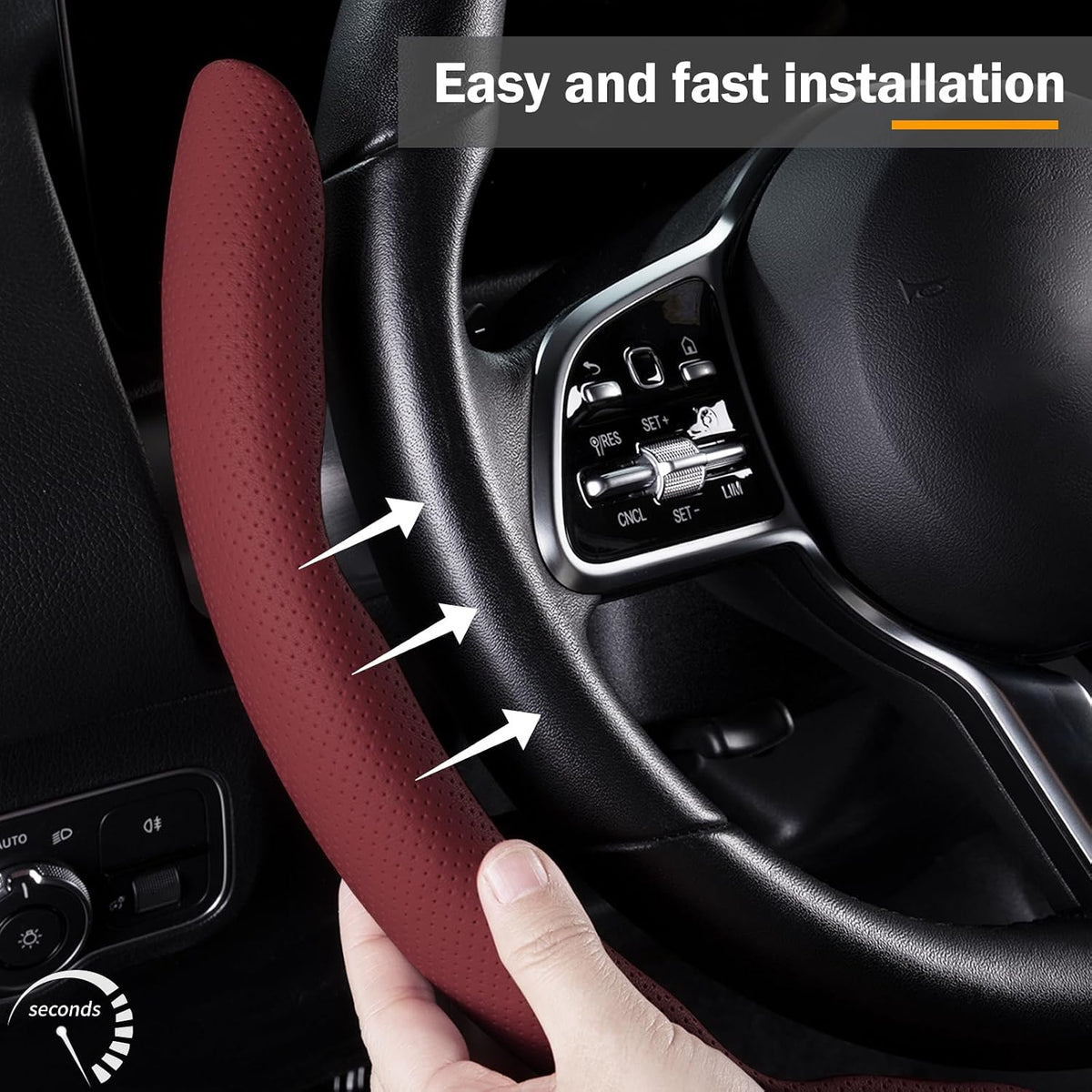 Car Steering Wheel Cover Leather 14.5-15 in Universal 3Pcs Set Wine Red
