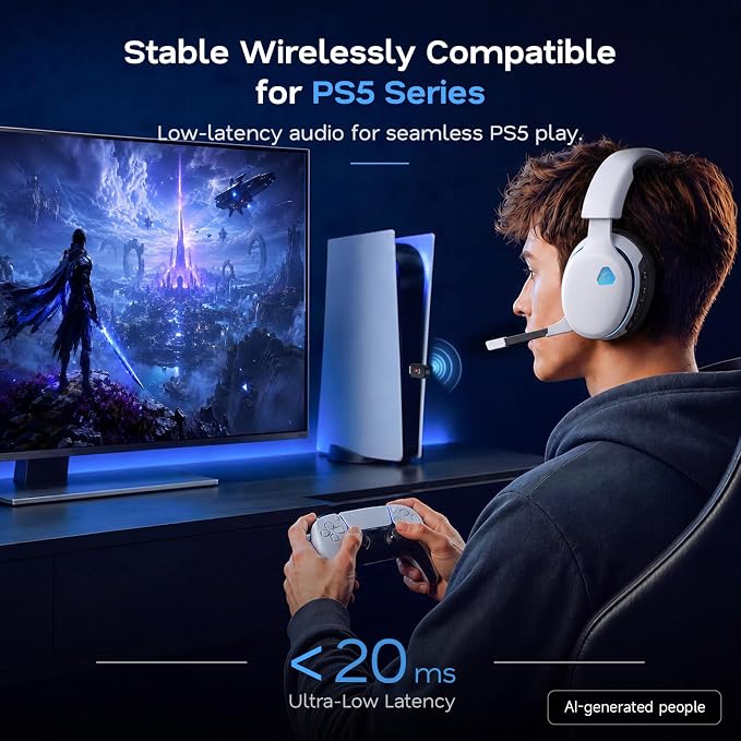 AOC 2.4GHz Wireless Gaming Headset for PS5, PS4, PC, Switch, 45Hr, White | Bluetooth 6.0 Gaming Headphones with Noise Canceling Mic, 7.1 Virtual Surround, Great for Fortnite & Call of Duty/FPS Gamers