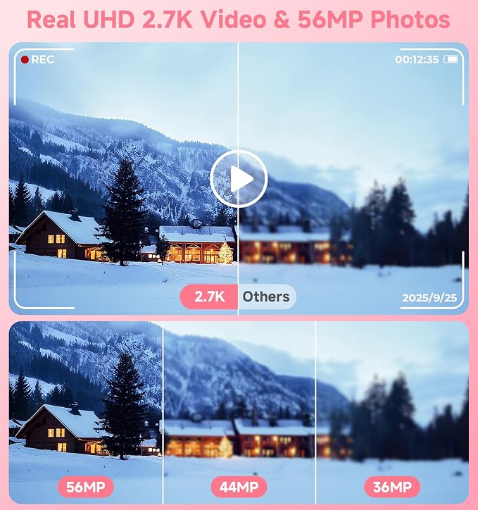 Digital Camera, 2026 Upgraded 56MP Pink Digital Camera, Dual Screens Cameras
