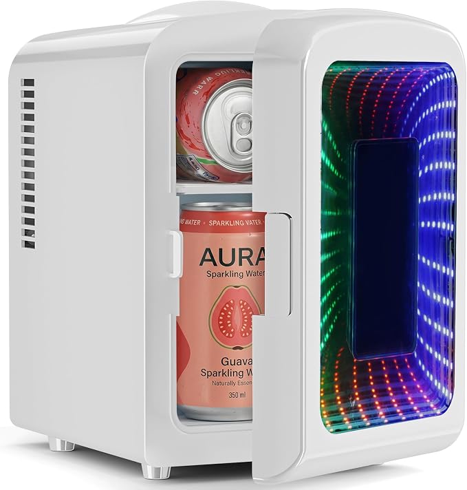 Antarctic Star Mini Fridge 4 Liter/6 Cans Portable Mini Compact Refrigerator with Gaming Light, for Bedroom,Car,Office and Dorm, Small Cooler for Cosmetics, Beverage and Food, White