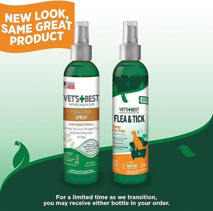 Vet's Best Natural Flea and Tick Spray for Dogs – Plant-Based Flea Repellent with Certified Essential Oils – Natural Pest Control and Prevention – Non-Toxic Formula for Home Use – 8 oz Bottle