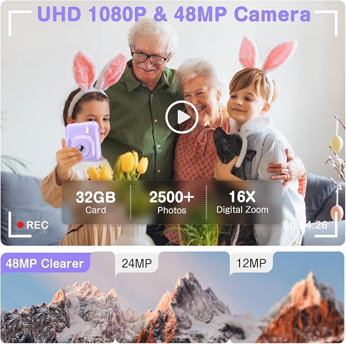 Kids Camera Instant Print, Dual-Lens 48MP Digital Camera