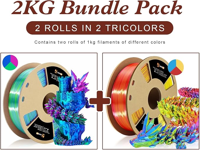 LOVOON 3D Printing Filament Bundle 2 KG, Tricolor PLA Filament 1.75mm Silk