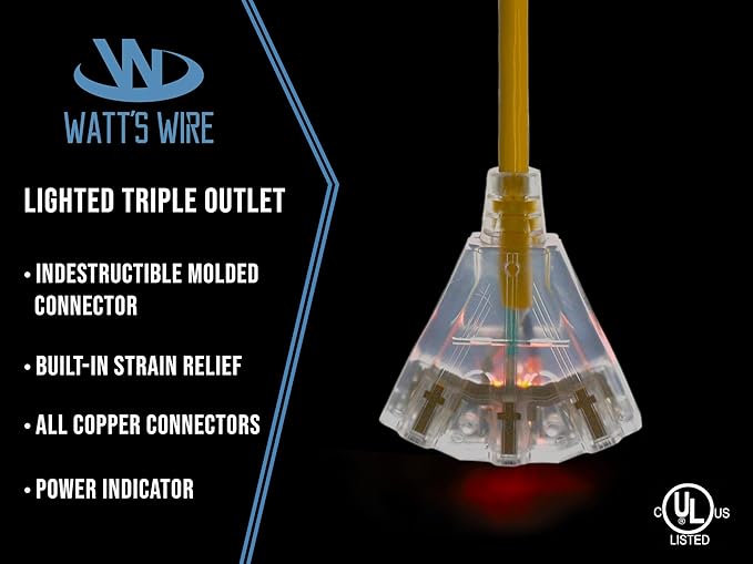 100 ft Outdoor Extension Cord Waterproof - 12 Gauge Heavy Duty Extension Cord 100 ft - Lighted Outdoor Extension Cords with Multiple Outlets - Watts Wire - 100' Grounded - extensiones electricas