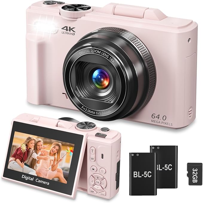 4K Digital Camera for Photography, 64MP Vlogging Camera for YouTube, WiFi Vlog