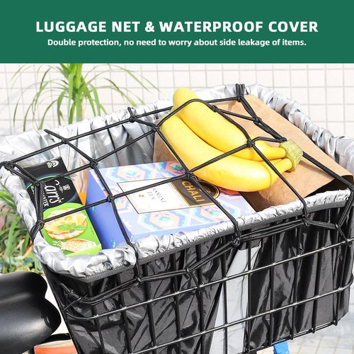 ANZOME Bike Basket Liner & Waterproof Rain Cover (2-in-1), Bicycle Basket Insert with Reflective Strip & Adjustable Cargo Net (12" Stretches to 24") - Fits Most Front/Rear Baskets