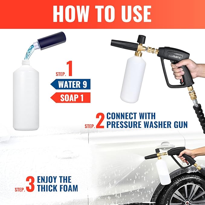 YAMATIC Pressure Washer Gun with Foam Cannon, 4000 PSI Car Washer Foam Blaster with 1/4" Quick Connect, 5 Power Washer Nozzle Tips and 4OZ Soap, 1 Liter, Pressure Washer Gun Swivel 3/8" &M22 Inlet