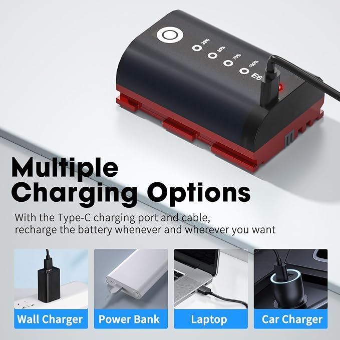 LP LP-E6, LP-E6N Battery 2-Pack 2600mAh USB-C Charging, LED Display Replacement