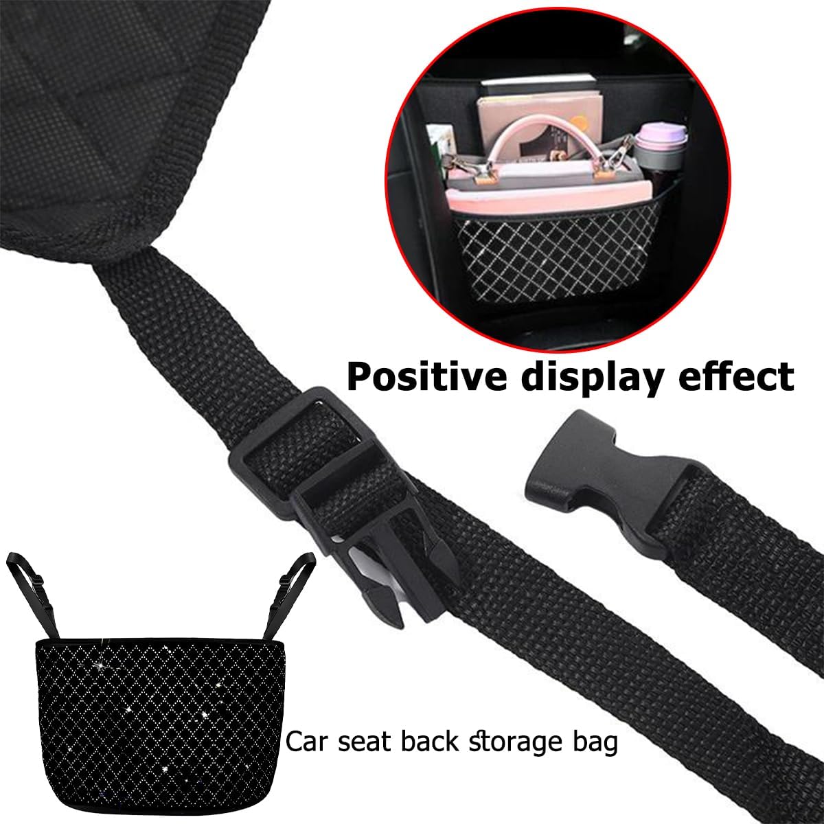 zipelo Bling Car Net Pocket Handbag Holder, Rhinestone Vehicle Backseat Purse Organizer Between Seats, Diamond Hanging Storage Bag Barrier of Pet Kids, Universal Automotive Accessories (Black)