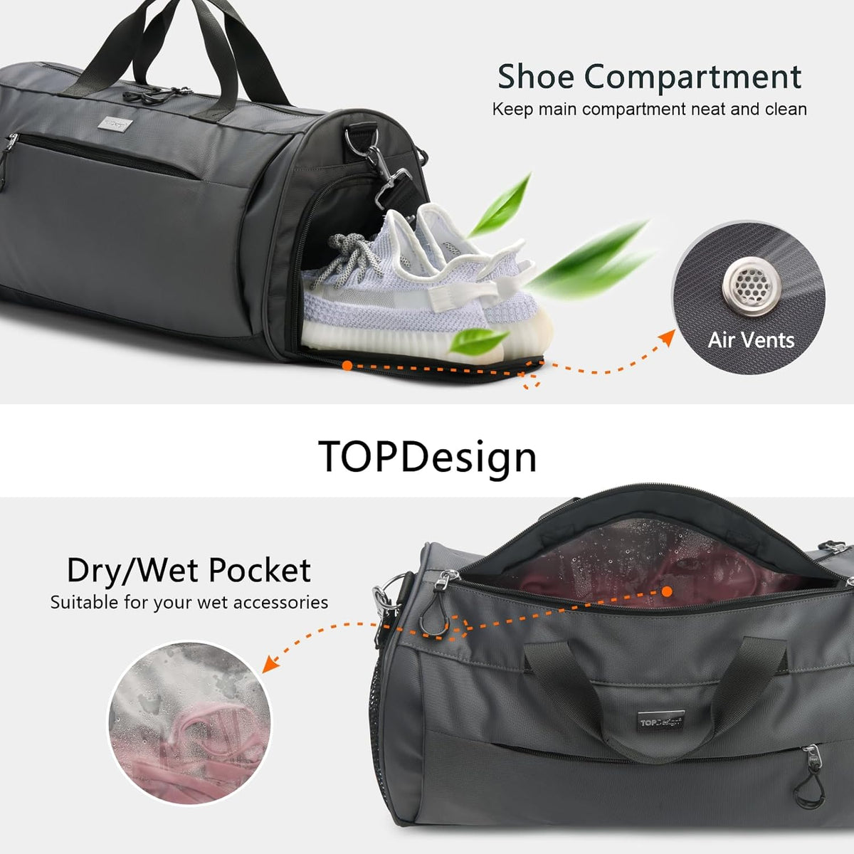 TOPDesign Gym Bag - Unisex Duffel with Shoe Compartment & Wet Pocket for Travel | Large Grey