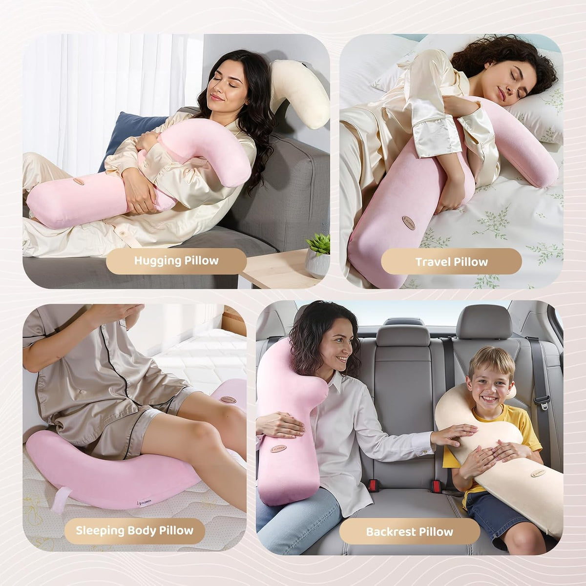 FLORICH Memory Foam Kids Travel Pillow, Car Sleeping Pillow, F-Shape Car Pillows for Adults and Children, Traveling Car Pillow for Kids with Removable Pillowcase (Pink)