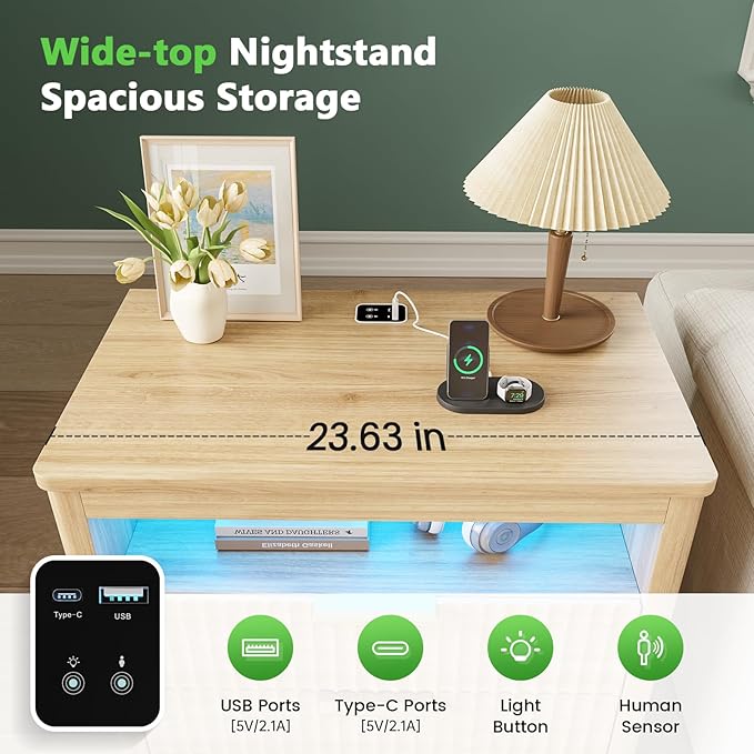 HNEBC Nightstand Set of 2 with Gun Drawer, Nightstands with Hidden Compartment, Larger Wider Bedside Table with Charging Station for Bedroom Dorm, Sofa, Office,Ideal Furniture & Decor-Natural