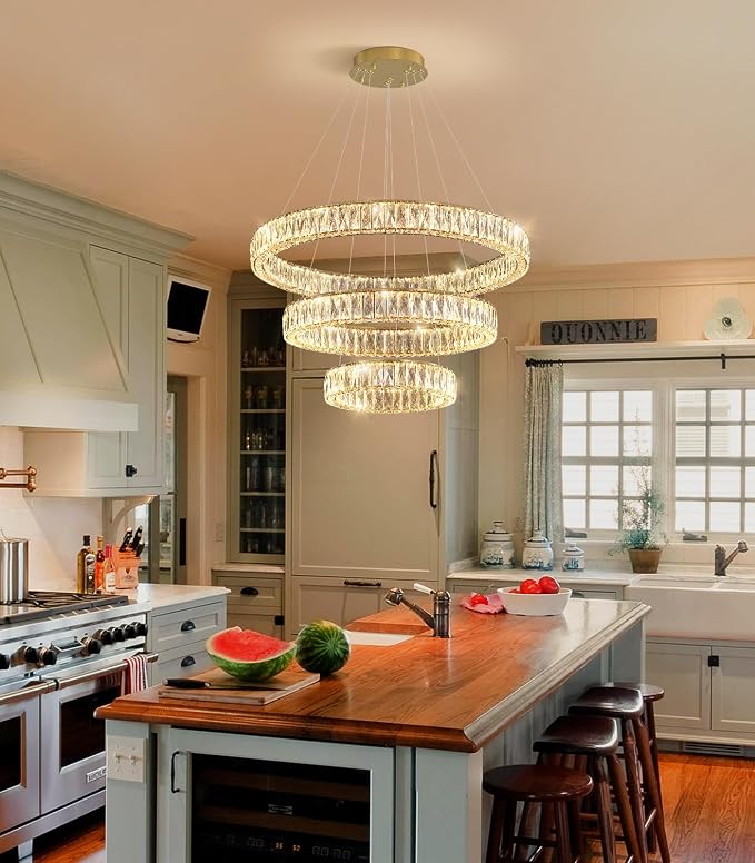 HAIXIANG Modern Glam Chandelier Crystal LED Remote Rings Chandelier Adjustable