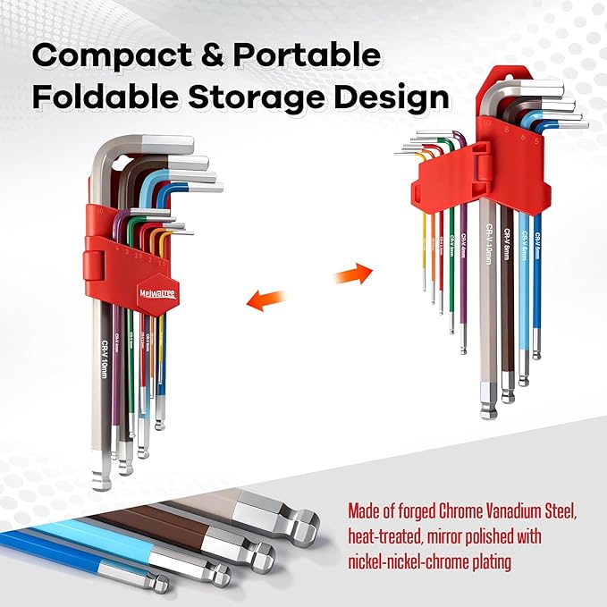 Meiwaltee 9PCS Extra Long Arm Allen Wrenches Set, Metric Ball End Hex Key Set(1.5mm-10mm), Color-Coded Anti-Slip Wrenches For Bike Repair, Furniture Assembly, Motorcycle Maintenance,DIY Project.