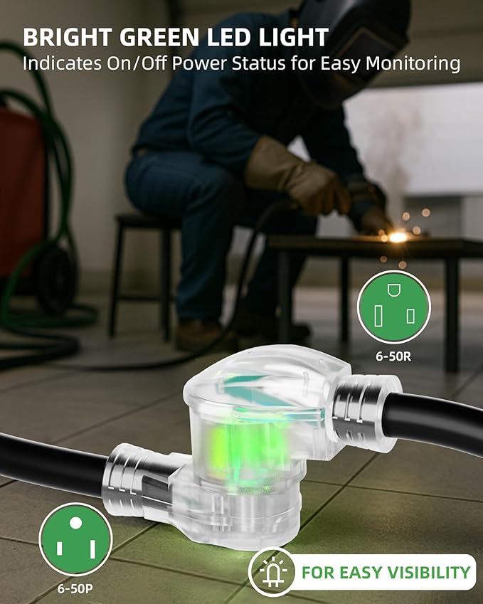 50ft 250V Welder Extension Cord, 8 Gauge Heavy Duty Outdoor Welding Cord with LED Indicator, NEMA 6-50P to 6-50R, 30 Amp 3 Prong Power Extension for Welding Machines, 8 AWG STW, ETL Listed