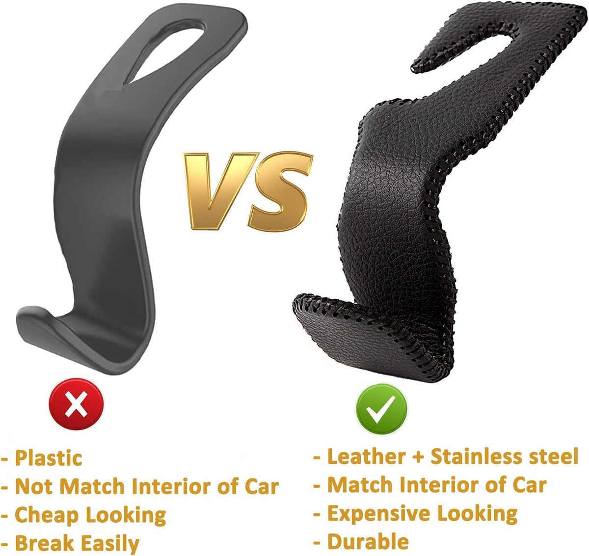AMVOYOA Headrest Hooks for Car, Back Seat Organizer Black Leather Hanger Holder Hook, for Hanging Purses and Bags and Coats, Pack of 4