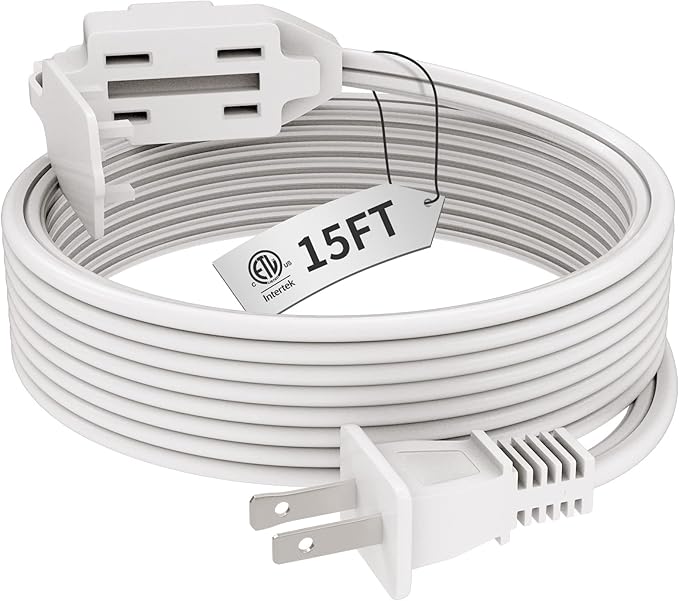 PLUGTUL Indoor White Extension Cord 15 Feet, 3-Outlet Household Extension Cord, 2 Prong, 16 Gauge, 3 Polarized Outlets with Safety Cap Protect for Home Office, 16/2 SPT-2 ETL Listed