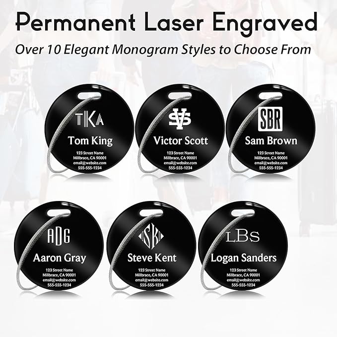 Personalized Luggage Tags for Suitcases - Stainless Steel Custom Luggage Tags for Backpacks & Bags, Sturdy, Waterproof & Heavy Duty (Black/Round)