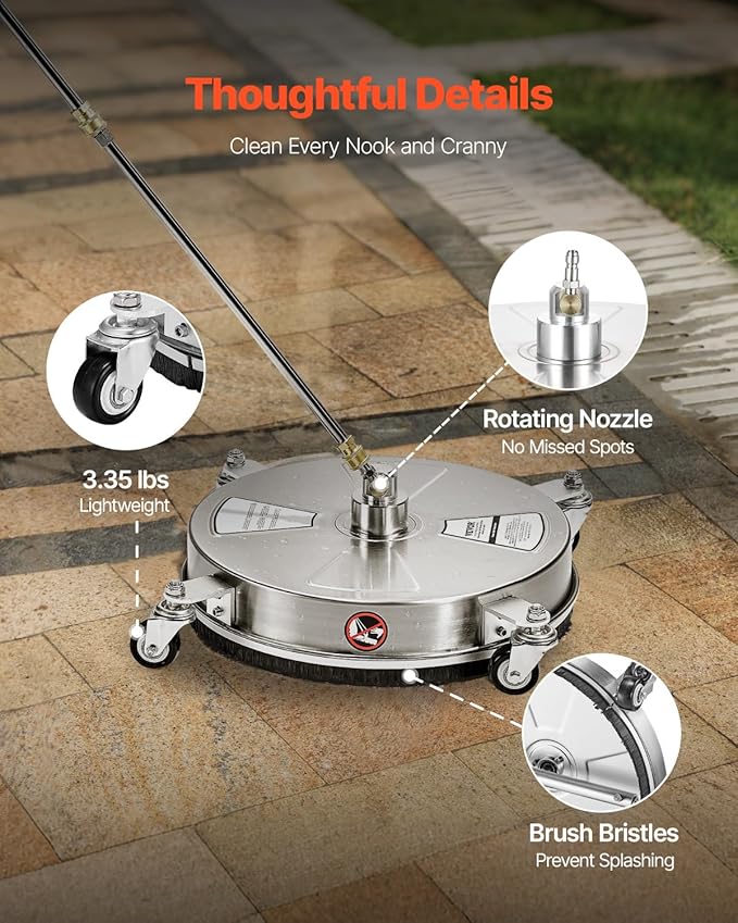 VEVOR 16.5 Inch Pressure Washer Surface Cleaner, 4000 PSI Stainless Steel Attachment with 4 Wheels, 2 Nozzles, 1/4 Inch Quick Connect and 2 Wands for Concrete, Patio, Deck