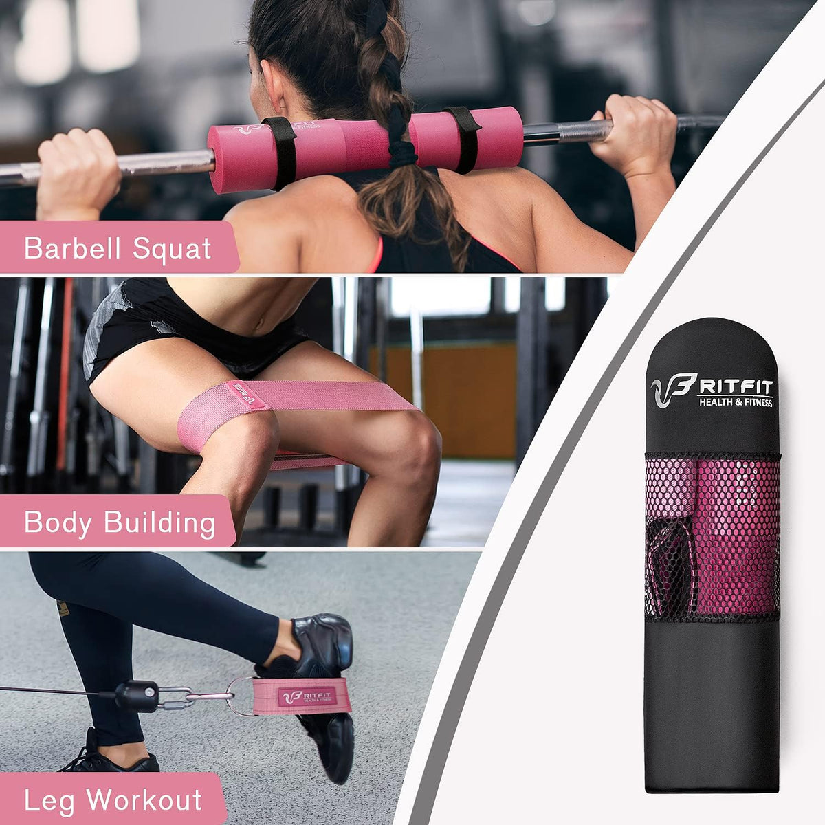 RitFit Barbell Squat Pad Set - 7 Pcs with Resistance Band & Safety Straps | Enhanced Neck & Shoulder Support (Pink/Black)