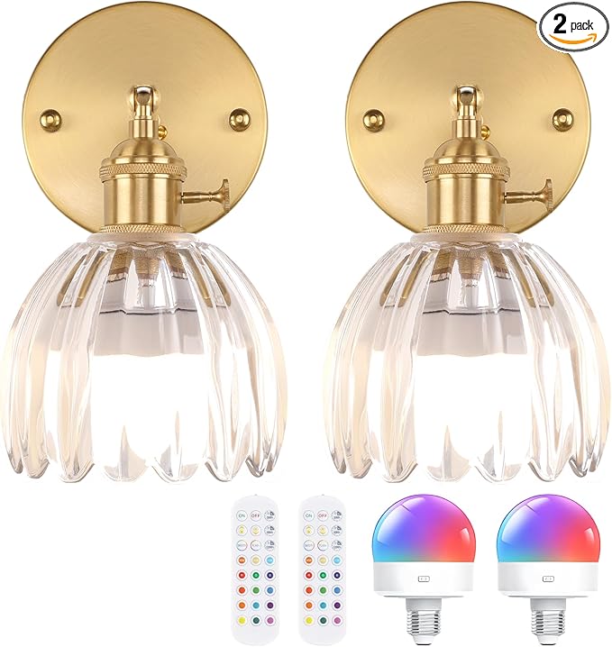 Vintage Battery Operated Wall Sconce with Transparent Tulip Glass Lampshade Rechargeable Battery Powered Wall Light with Remote Control for Bedside Bedroom Doorway, Set of 2