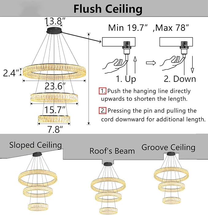 HAIXIANG Modern Glam Chandelier Crystal LED Remote Rings Chandelier Adjustable