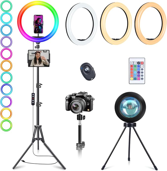13" Selfie Ring Light with Stand 76" Tall & Phone Holders, Sunset Lamp