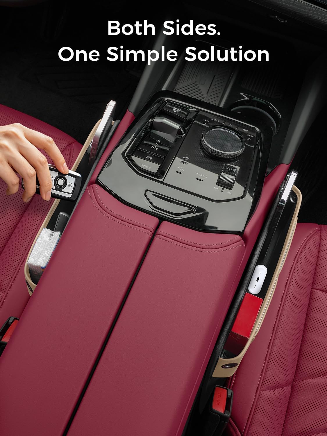 Car Seat Gap Filler Organizer – Phone Holder, Key,Card,Coin Slot, Premium Nappa Style Microfiber Leather (Beige)