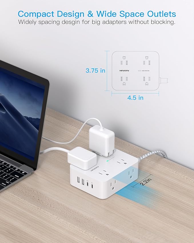 PD 30W USB C Power Strip 15Ft, HANYCONY 8 Outlets Surge Protector 4 USB (2 USB C Ports), 1080J Desk Charging Station for Multiple Devices, Flat Plug Extension Cord for College Dorm Room Essentials