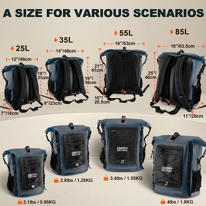 OSAH DRYPAK Waterproof Backpack Dry Bag 35L/55L/85L – Heavy Duty Roll-Top
