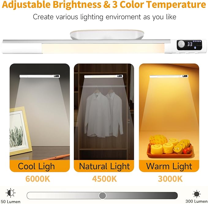 RAHAN Battery Powered Operated Wall Strip Lights, Rechargeable Magnetic LED Light Bar with 3 Color Modes, Dimmable Under Desk Light for Reading, Under Shelf, Wall, Workshop, Cabinet, Closet, Kitchen