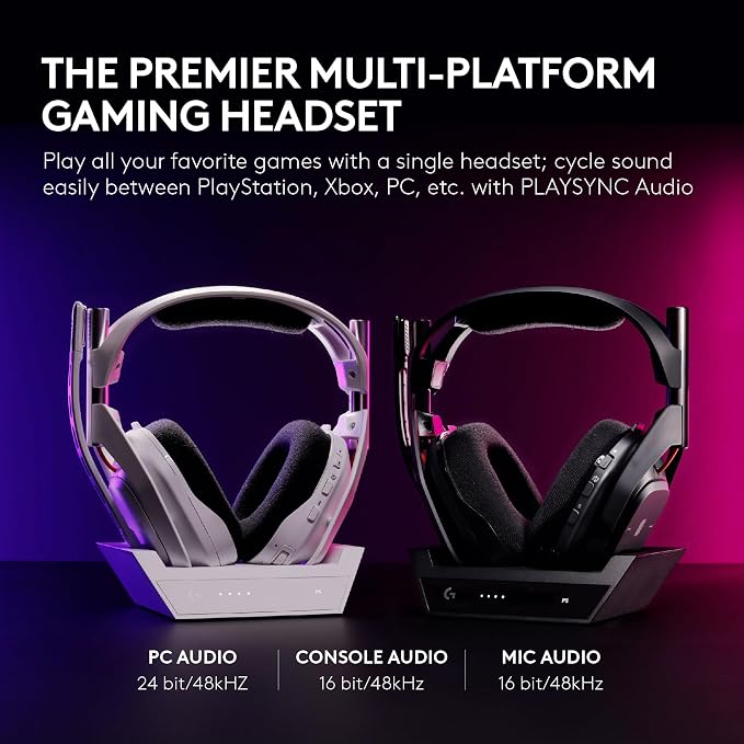 Logitech G Astro A50 Multi-Platform Wireless Gaming Headset - White | For PS5, Xbox, PC, Switch - PLAYSYNC Audio Switcher, <16 bit/48kHz (Console), <24 bit/48 kHz (PC), <24hr Battery, 2.4GHz & BT