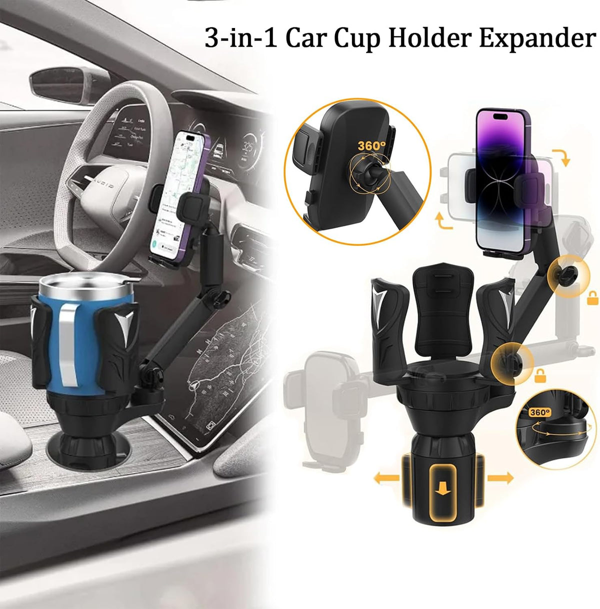 3-in-1 Car Cup Holder Expander with Adjustable Phone Mount – Universal Spill-Proof Bottle Holder & 360° Rotating Phone Stand for Large Drinks and Smartphones up to 4.1 Inches
