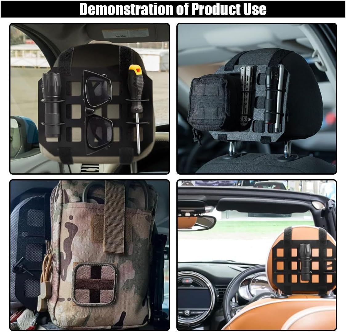 Car Headrest Organizer Rigid MOLLE Panel, Tactical Gear Seat Back Organizer, EDC Pouch Tool Gadget Holder, Backpack Insert Panel for Truck Equipment Mount Plate Modular Storage Shelf (Headrest Panel)