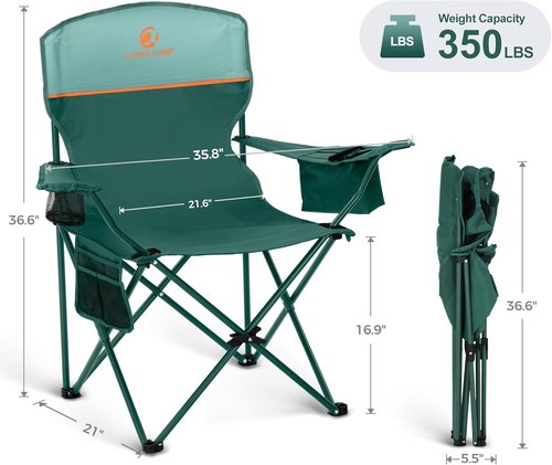 LET'S CAMP Folding Camping Chair Set - Portable 2-Pack with Cooler Bag & Cup Holder | Supports 350LBS, Green