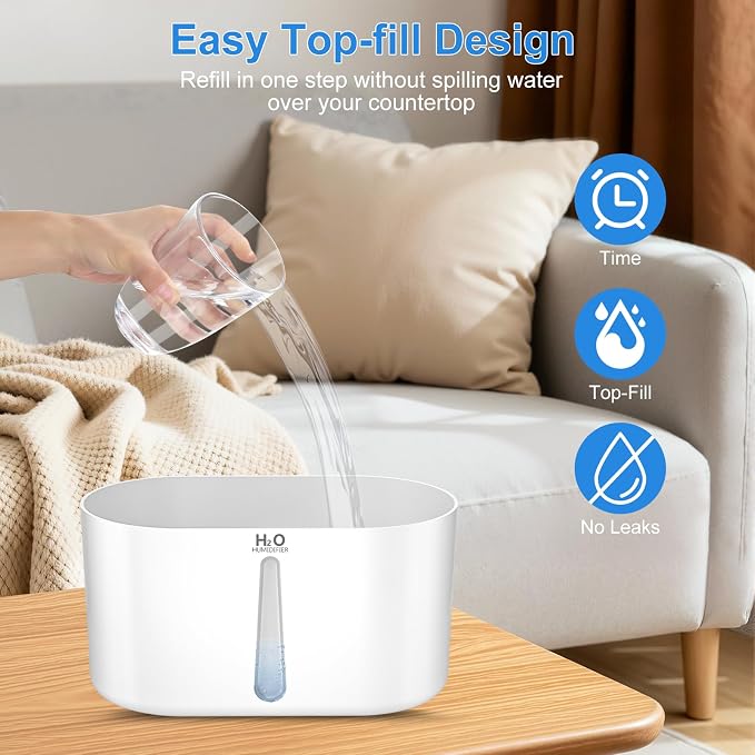 COO Humidifiers for Bedroom, 2L Tank for Large Room, 30 Hour Runtime, 28dB Quiet Cool Mist Humidifier for Home, Baby Nursery, Plants, Indoor, Office, Easy to Fill & Clean,Night Light and Auto Shut-off