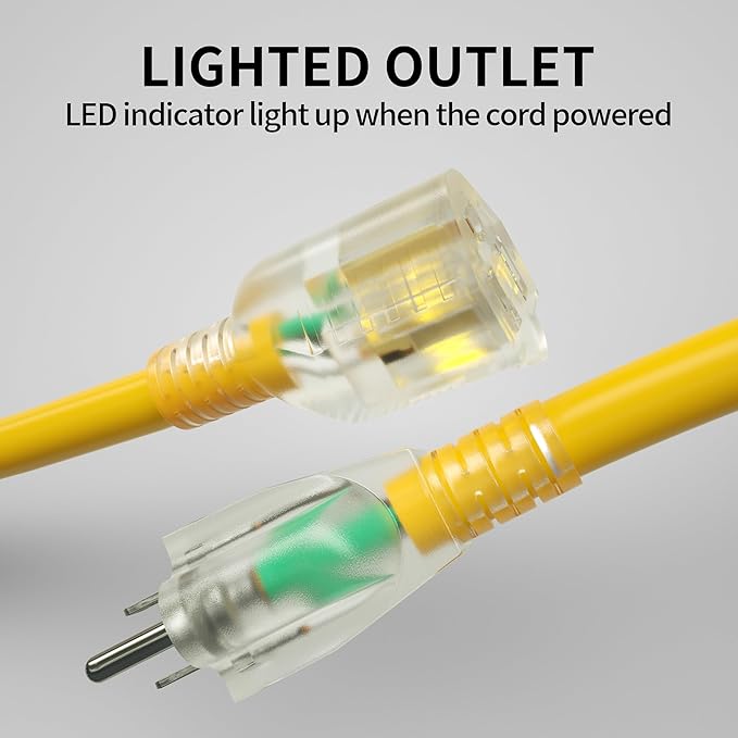 POWGRN 6 Ft 10AWG Outdoor Extension Cord Waterproof Heavy Duty 10 Gauge 3 Prong, Flexible Cold-Resistant Power Cord Indoor & Outside with Lighted Indicator End, 15Amp 1875W SJTW Yellow ETL Listed