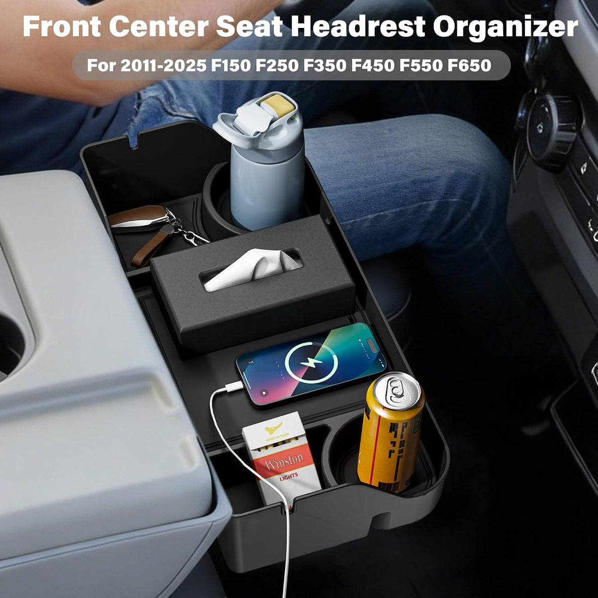 2026 Upgraded Front Center Seat Headrest Organizer Compatible with 2011-2025 Ford F150 F250 F350 F450 F550 F650 Accessories Center Console Organizer Storage Tray(Jump Seat Console Only)