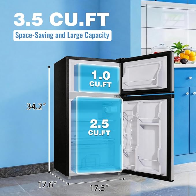 3.5 Cu.Ft Compact Refrigerator Silver, Dual-Door MIni Fridge for Home | 2 Removable Glass Shelves, Large Capacity with 7 Settings, Low Consumption for Dorm Apartment