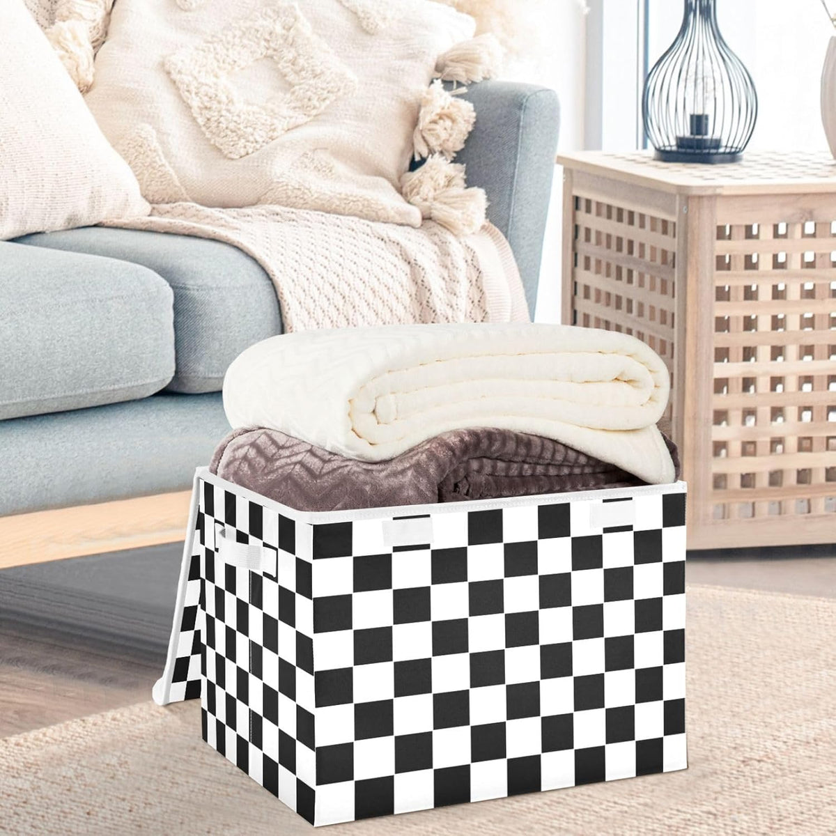CaTaKu Large Fabric Storage Bins With Lids,Checkered Racing Flag Storage Boxes With Handles for Organizing Clothes, Collapsible Decorative Storage Cube Bins Baskets for Shelves