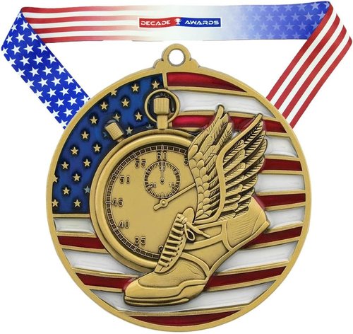 Decade Awards Patriotic Track & Field Medal - Gold, Silver, Bronze | Stars & Stripes Neck Ribbon | 2.75 Inch