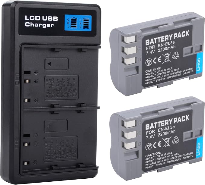 2-Pack EN-EL3e Battery with USB-C Dual Charger Compatible with Nikon D50
